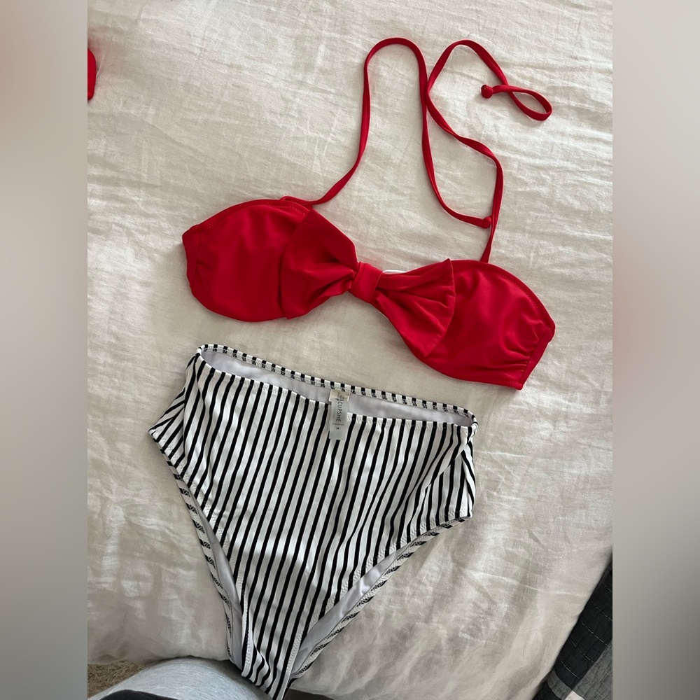 Red Bow Bikini Top with Striped Bottoms